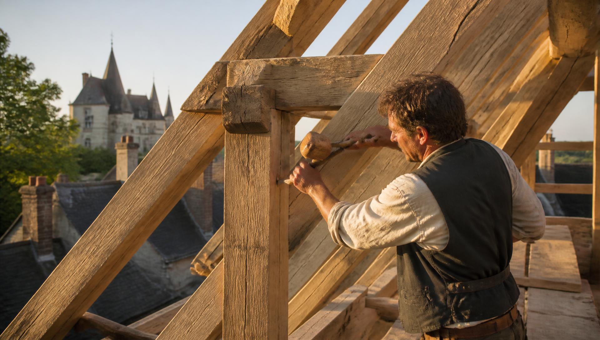 Charpentier assemblant une charpente traditionnelle en chêne près de Chinon